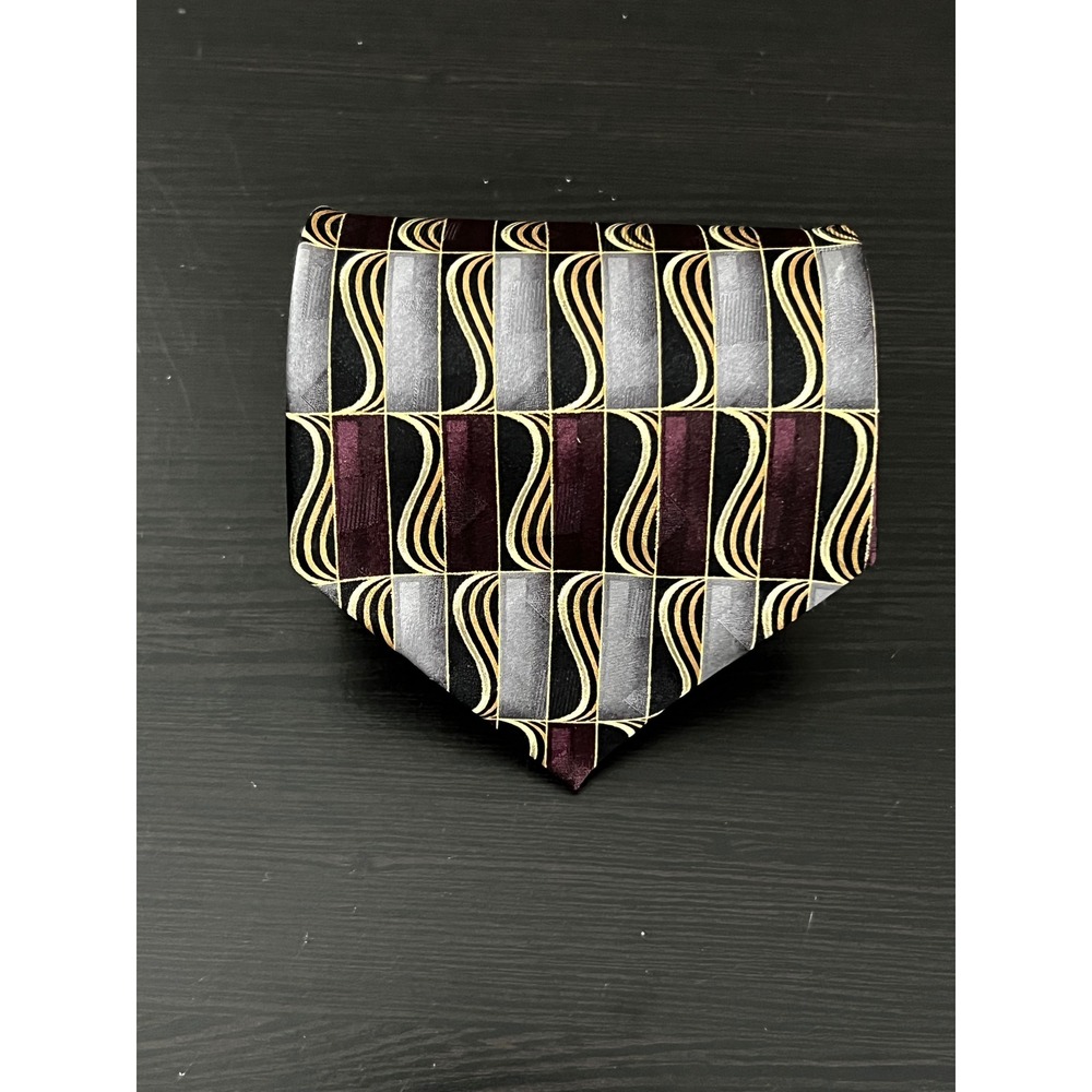 Pierre Cardin Mens Silk Tie Burgundy Gold Geometric Abstract Art Deco 56x3.75